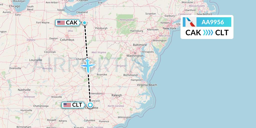 AA9956 American Airlines Flight Map: Akron to Charlotte