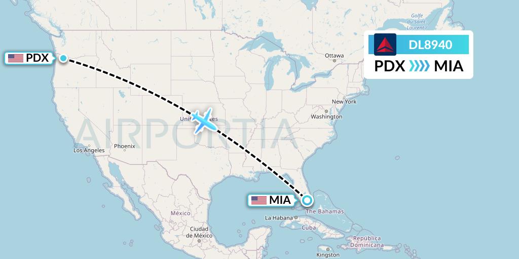 DL8940 Delta Air Lines Flight Map: Portland to Miami