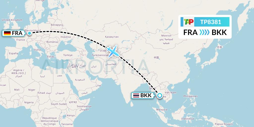 TP8381 TAP Portugal Flight Map: Frankfurt to Bangkok