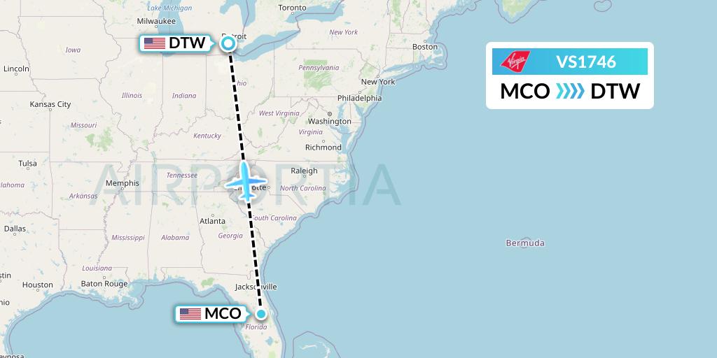 VS1746 Virgin Atlantic Airways Flight Map: Orlando to Detroit