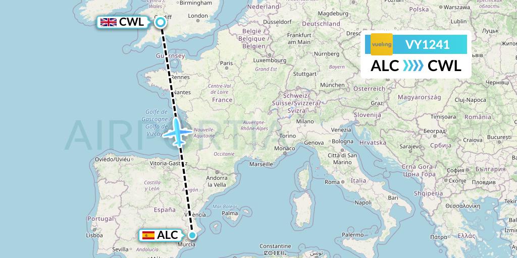 VY1241 Vueling Flight Map: Alicante to Cardiff