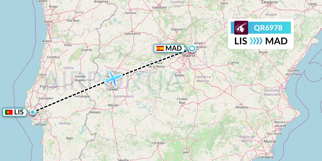 QR6978 Qatar Airways Flight Map: Lisbon to Madrid