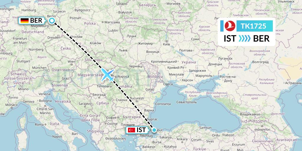 TK1725 Turkish Airlines Flight Map: Istanbul to Berlin