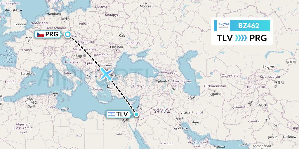 BZ462 Bluebird Airways Flight Map: Tel Aviv to Prague