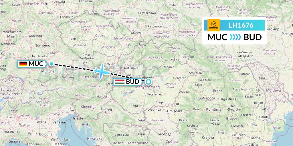 LH1676 Lufthansa Flight Map: Munich to Budapest