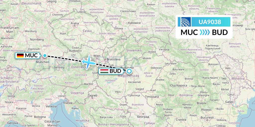 UA9038 United Airlines Flight Map: Munich to Budapest