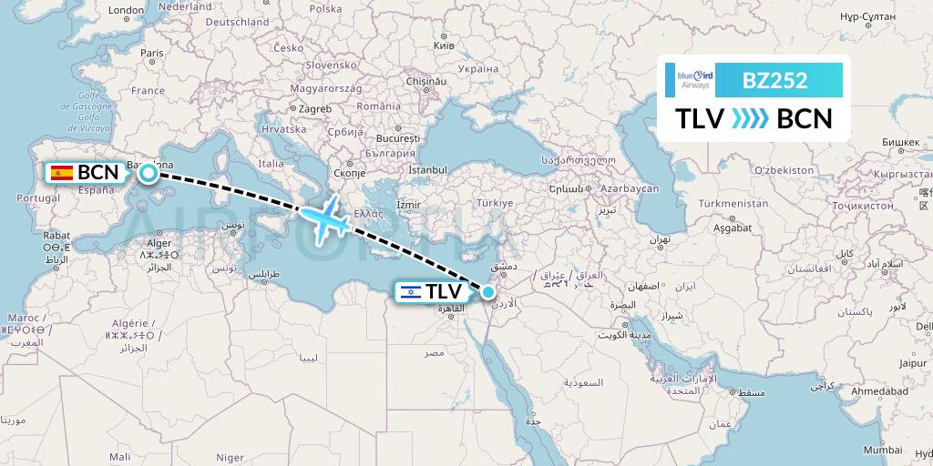 BZ252 Bluebird Airways Flight Map: Tel Aviv to Barcelona