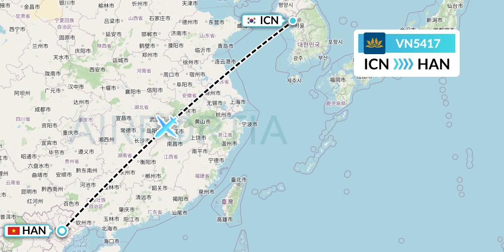 VN5417 Vietnam Airlines Flight Map: Seoul to Hanoi