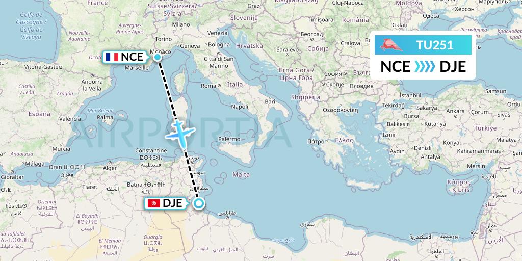 TU251 Tunisair Flight Map: Nice to Djerba