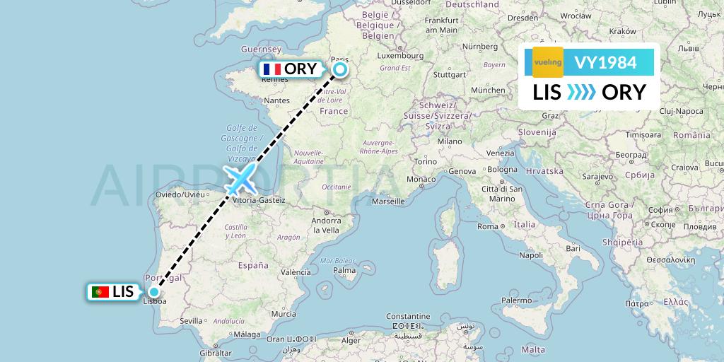 VY1984 Vueling Flight Map: Lisbon to Paris