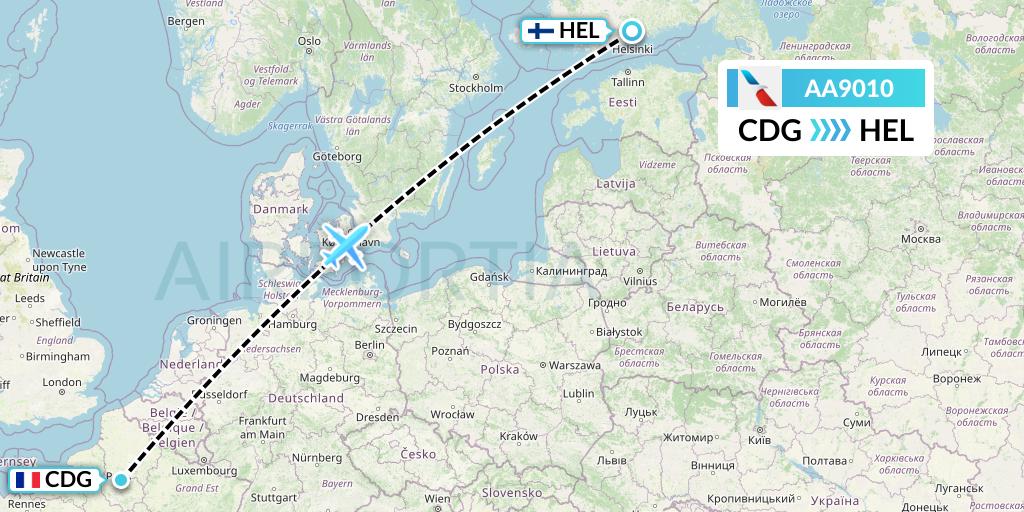AA9010 American Airlines Flight Map: Paris to Helsinki