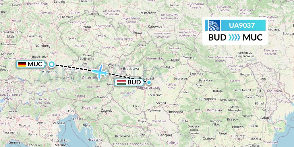 UA9037 United Airlines Flight Map: Budapest to Munich
