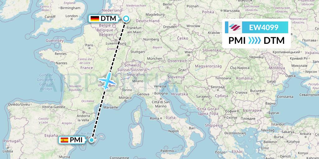 EW4099 Eurowings Flight Map: Palma de Mallorca to Dortmund