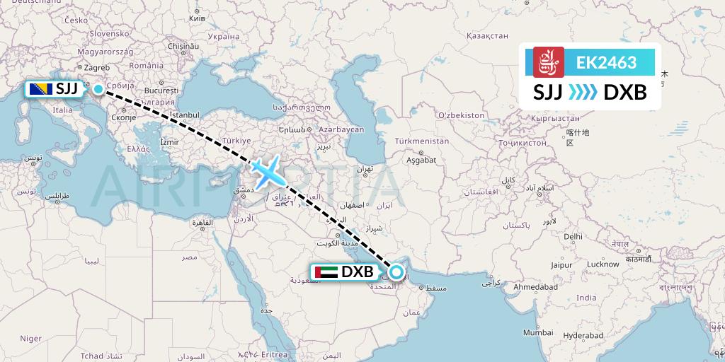 EK2463 Emirates Flight Map: Sarajevo to Dubai