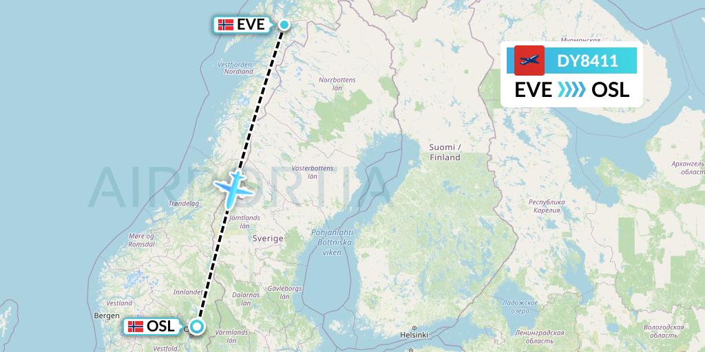 DY8411 Norwegian Flight Map: Harstad to Oslo