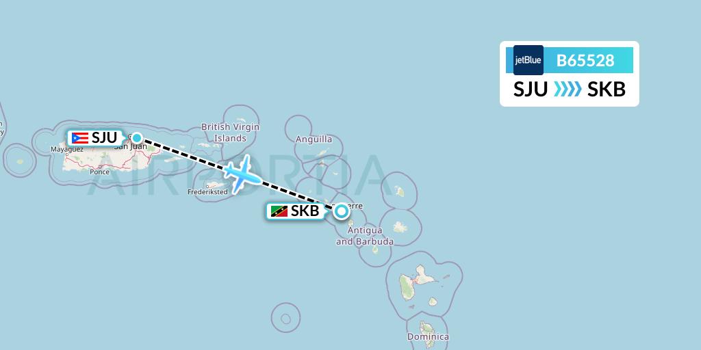 B65528 JetBlue Airways Flight Map: San Juan to Basseterre