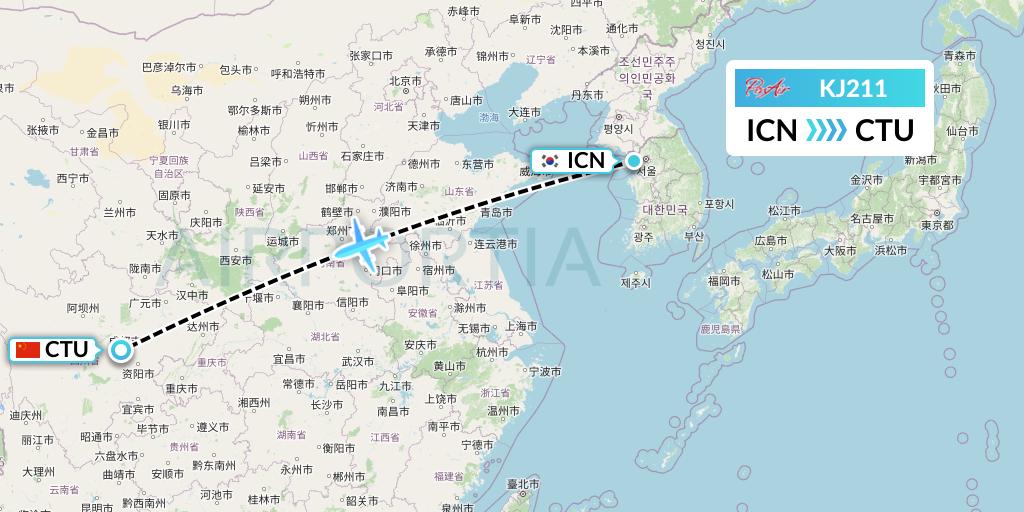 KJ211 Air Incheon Flight Map: Seoul to Chengdu