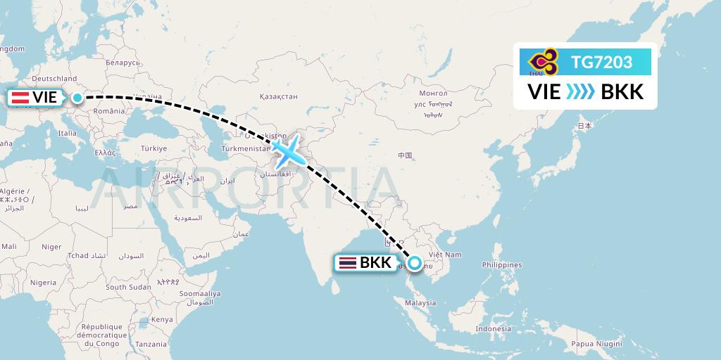 TG7203 Thai Airways Flight Map: Vienna to Bangkok