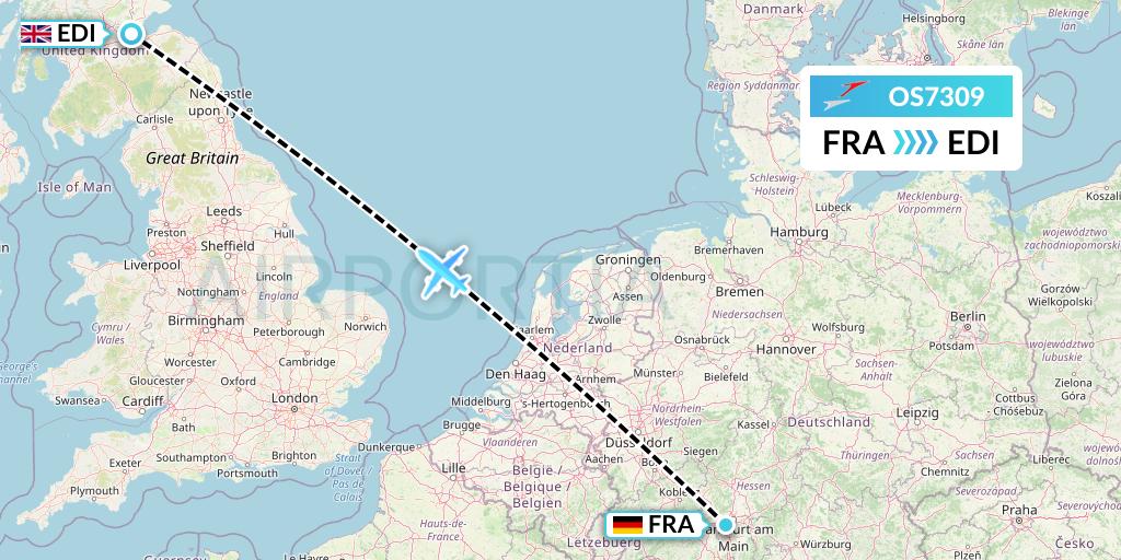 OS7309 Austrian Airlines Flight Map: Frankfurt to Edinburgh