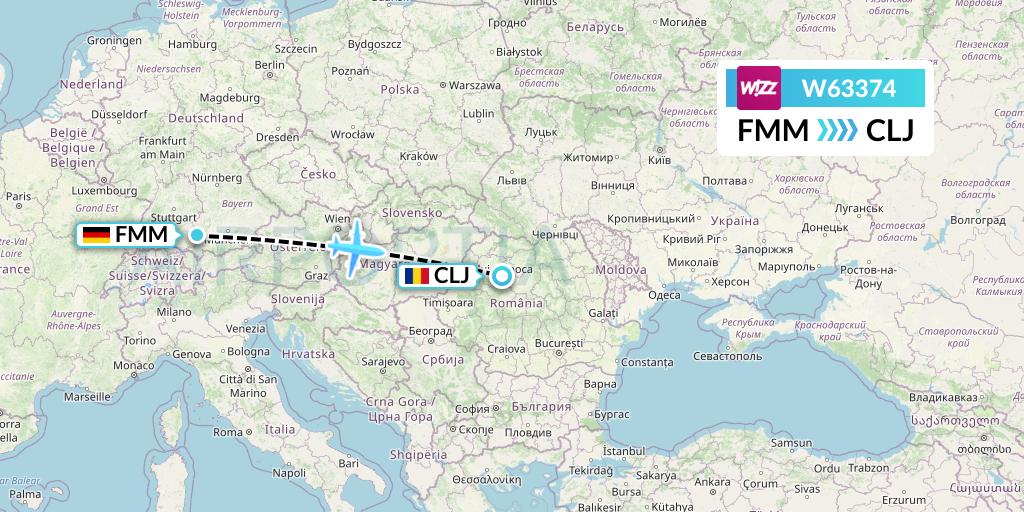 W63374 Wizz Air Flight Map: Memmingen to Cluj-Napoca