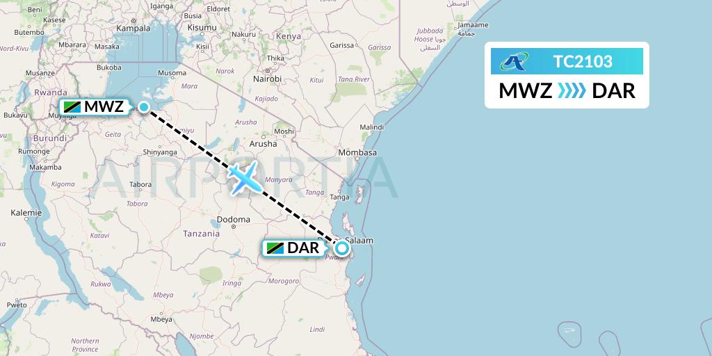 TC2103 Air Tanzania Flight Map: Mwanza to Dar-es-Salaam