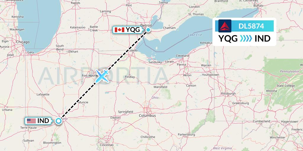 DL5874 Delta Air Lines Flight Map: Windsor to Indianapolis