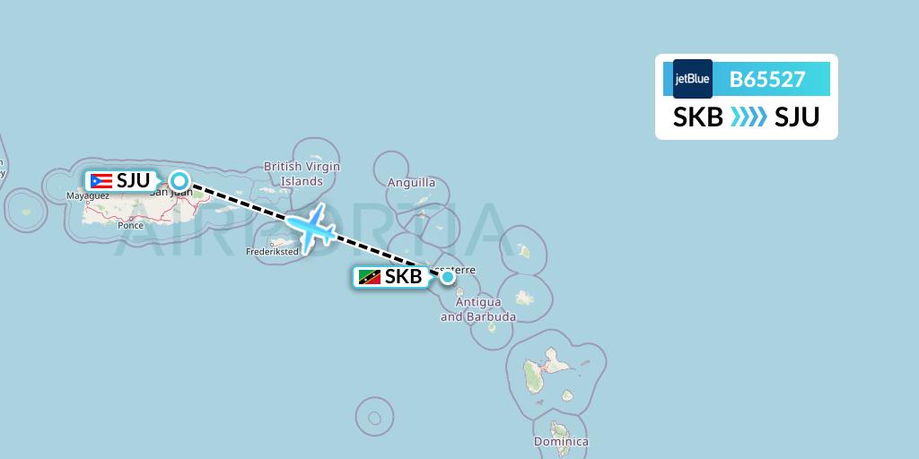 B65527 JetBlue Airways Flight Map: Basseterre to San Juan