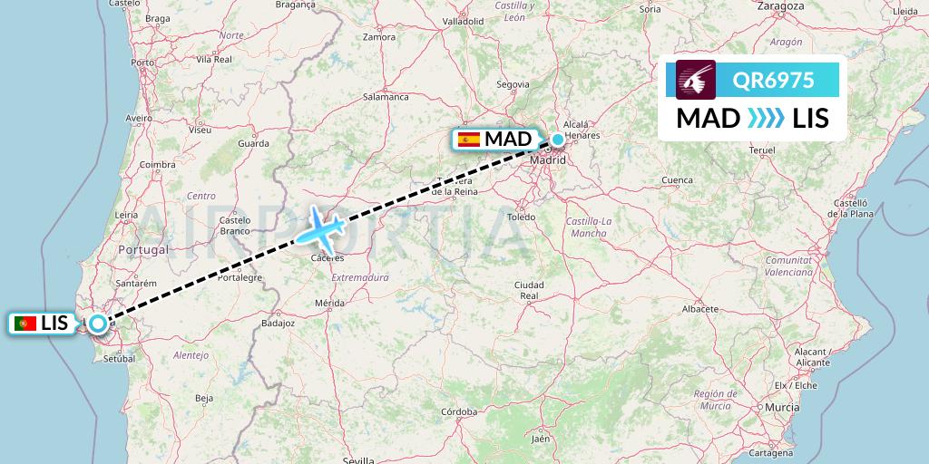 QR6975 Qatar Airways Flight Map: Madrid to Lisbon