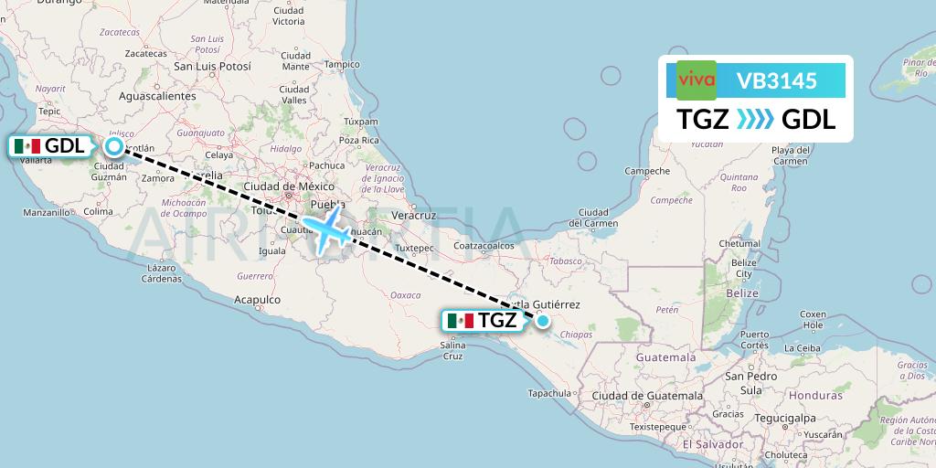 VB3145 VivaAerobus Flight Map: Tuxtla Gutierrez to Guadalajara