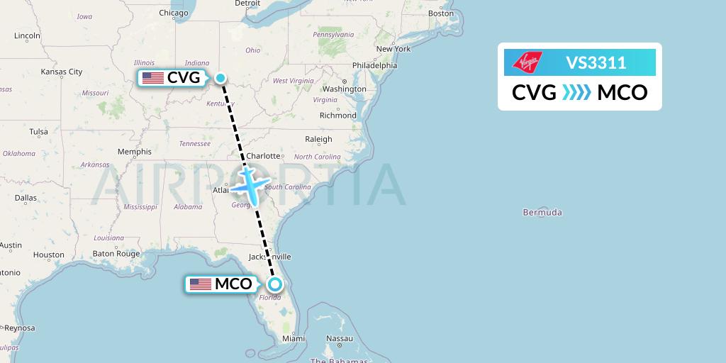 VS3311 Virgin Atlantic Airways Flight Map: Cincinnati to Orlando