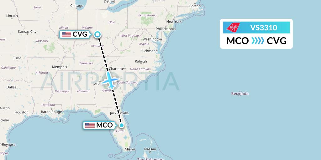 VS3310 Virgin Atlantic Airways Flight Map: Orlando to Cincinnati