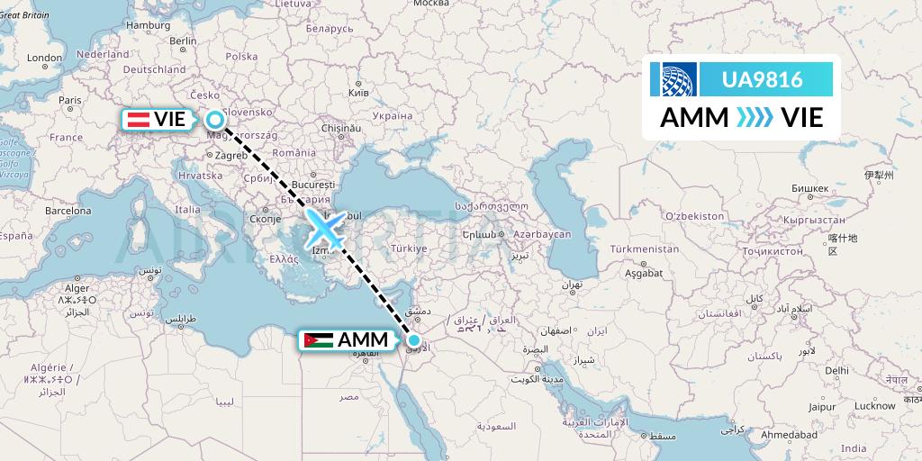 UA9816 United Airlines Flight Map: Amman to Vienna