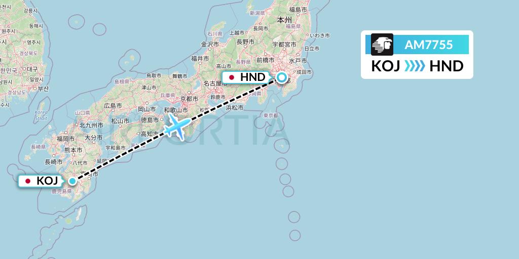 AM7755 Aeromexico Flight Map: Kagoshima to Tokyo