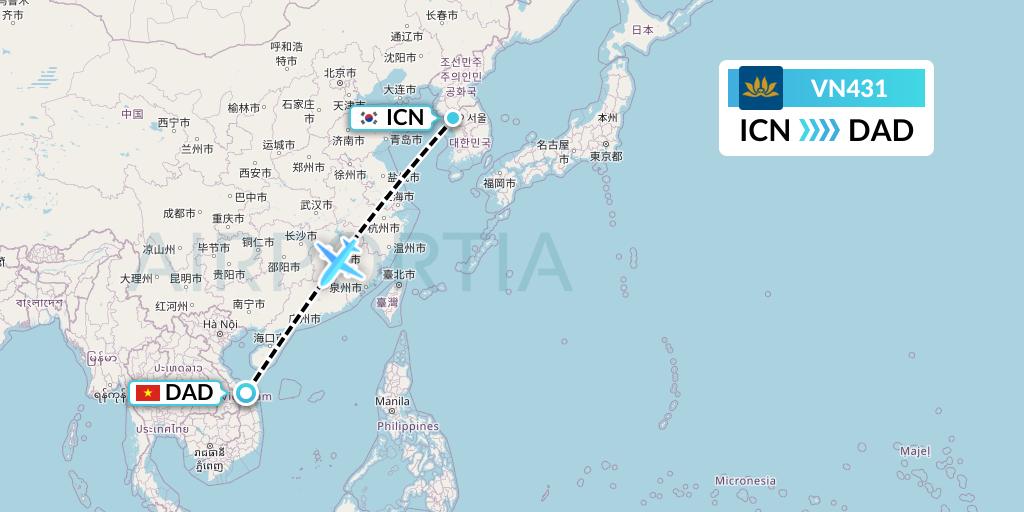 VN431 Vietnam Airlines Flight Map: Seoul to Da Nang