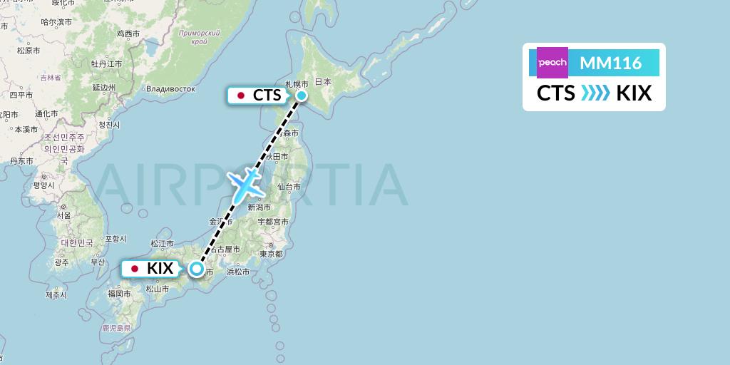 MM116 Peach Aviation Flight Map: Sapporo to Osaka