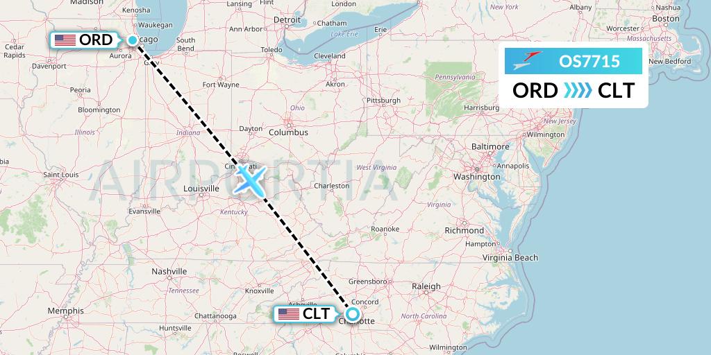 OS7715 Austrian Airlines Flight Map: Chicago to Charlotte