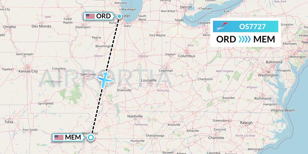 OS7727 Austrian Airlines Flight Map: Chicago to Memphis