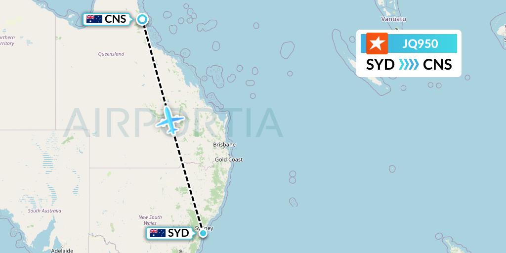 JQ950 Jetstar Airways Flight Map: Sydney to Cairns