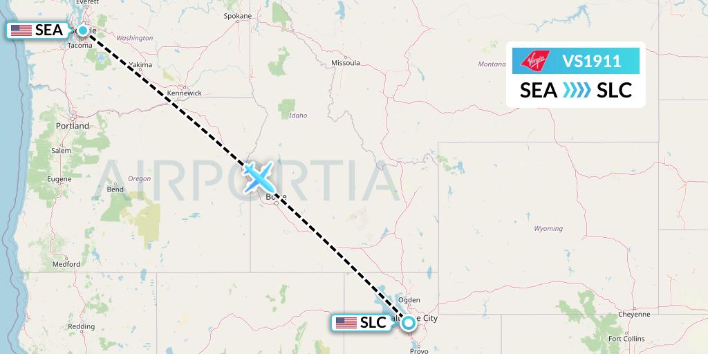 VS1911 Virgin Atlantic Airways Flight Map: Seattle to Salt Lake City