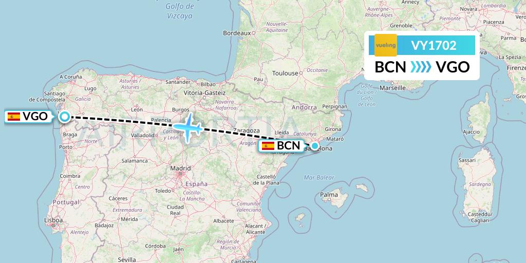 VY1702 Vueling Flight Map: Barcelona to Vigo