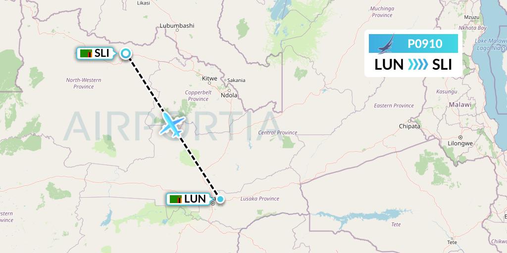 P0910 Proflight Air Services Flight Map: Lusaka to Solwesi