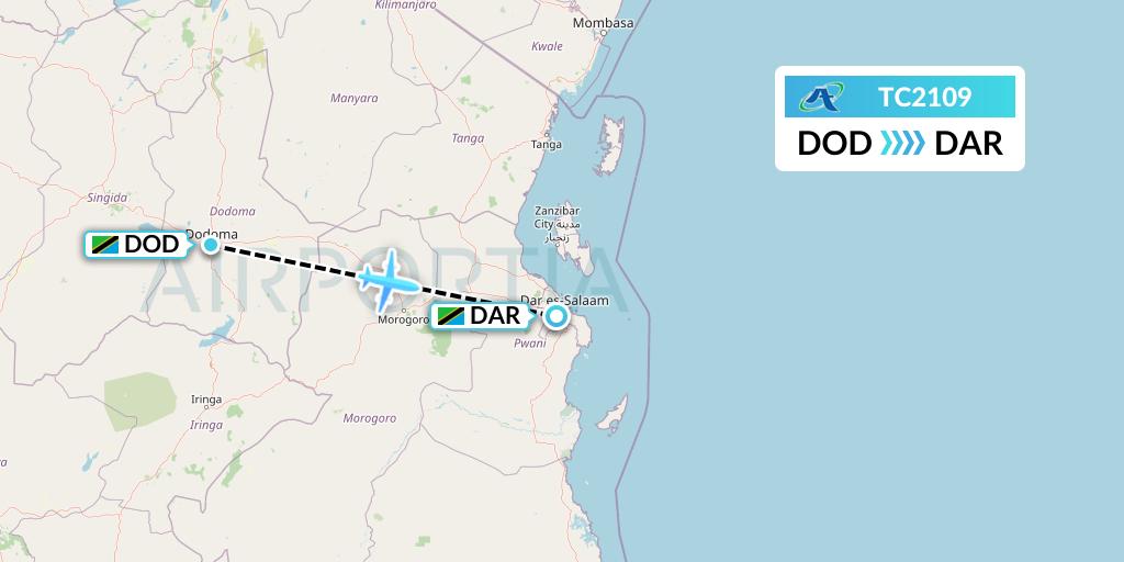 TC2109 Air Tanzania Flight Map: Dodoma to Dar-es-Salaam