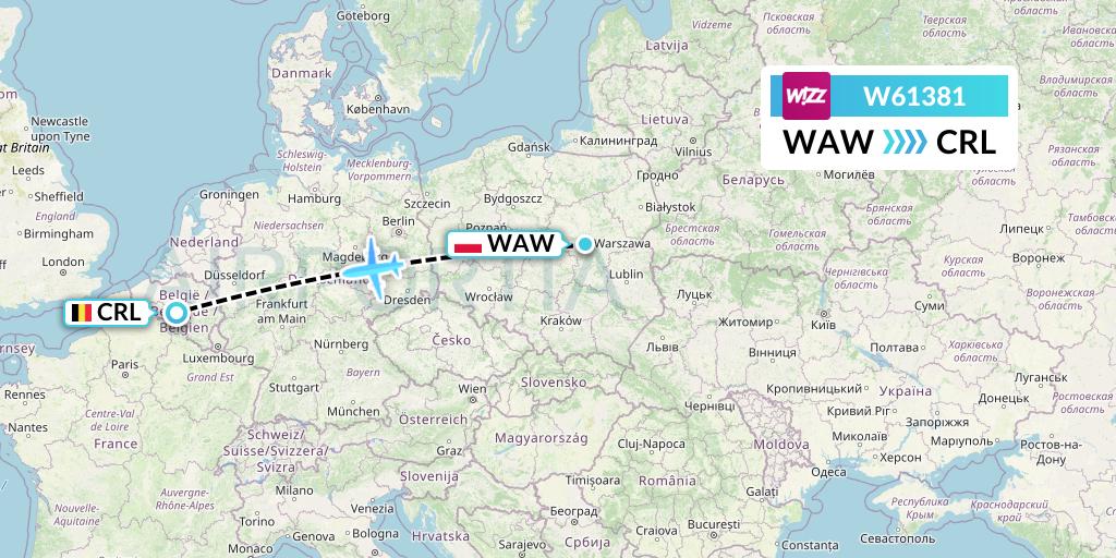 W61381 Wizz Air Flight Map: Warsaw to Brussels