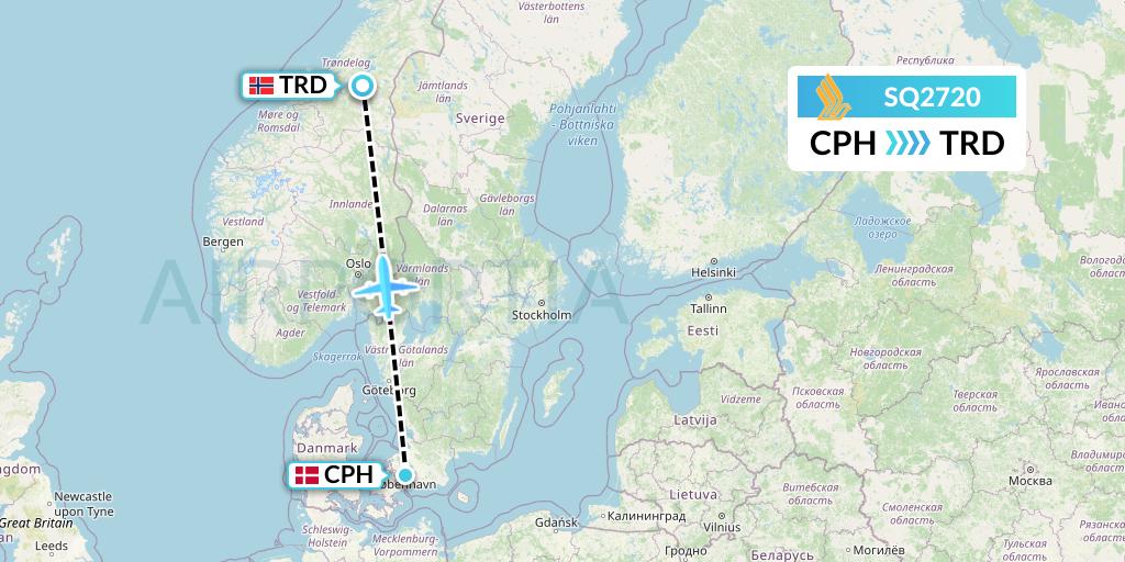 SQ2720 Singapore Airlines Flight Map: Copenhagen to Trondheim