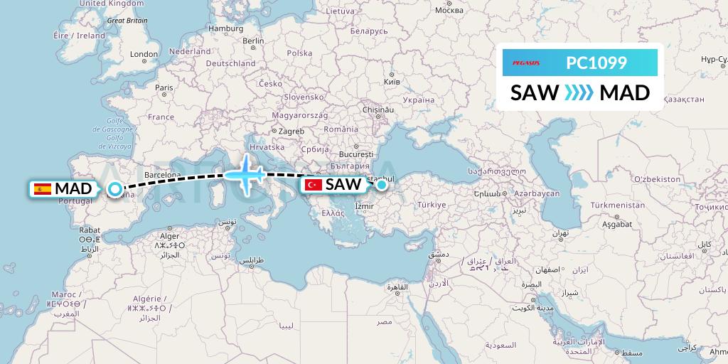 PC1099 Pegasus Airlines Flight Map: Istanbul to Madrid