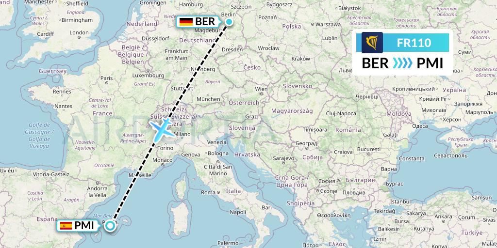 FR110 Ryanair Flight Map: Berlin to Palma de Mallorca