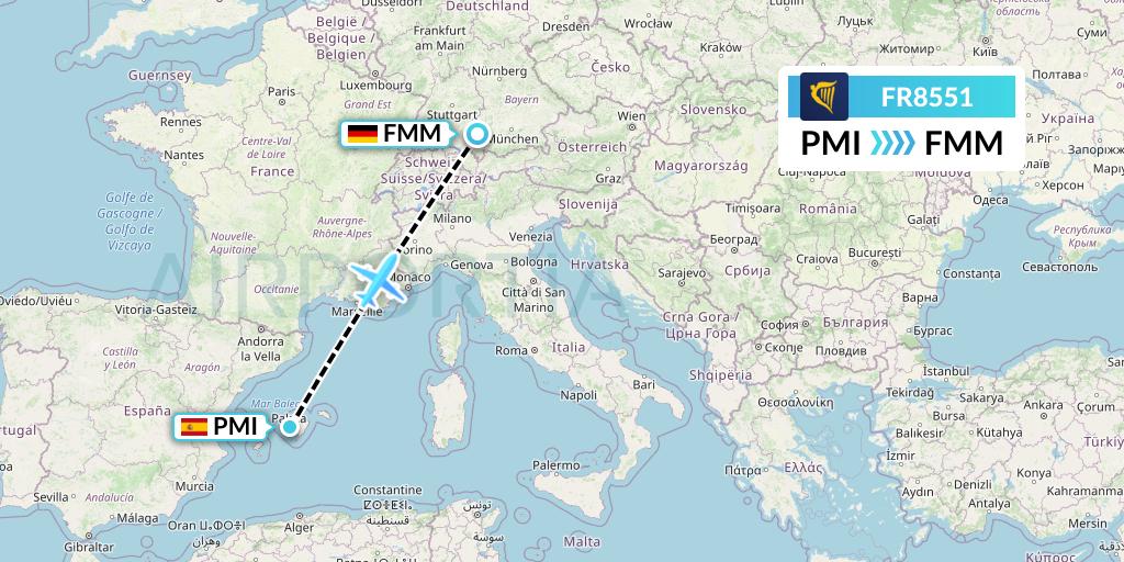 FR8551 Ryanair Flight Map: Palma de Mallorca to Memmingen