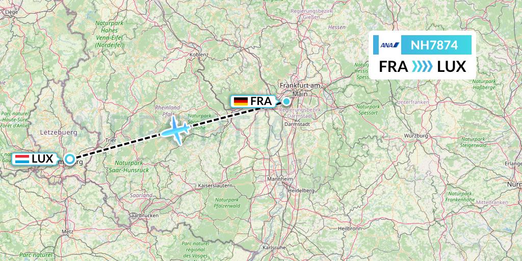 NH7874 All Nippon Airways Flight Map: Frankfurt to Luxembourg