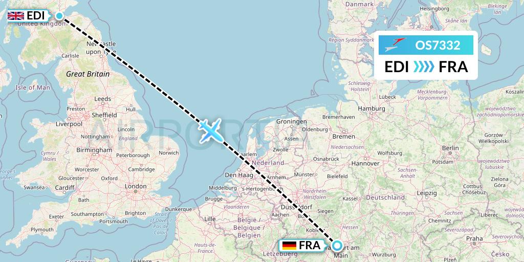 OS7332 Austrian Airlines Flight Map: Edinburgh to Frankfurt