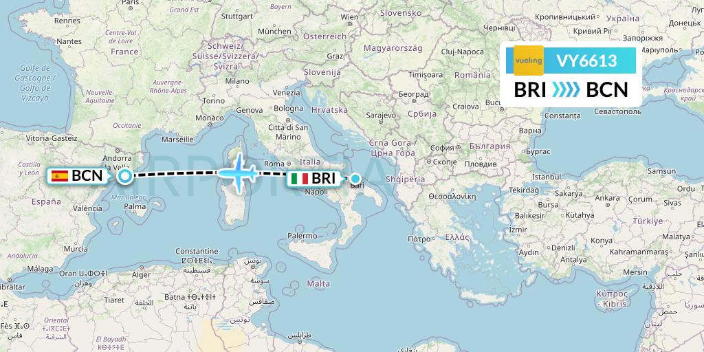 VY6613 Vueling Flight Map: Bari to Barcelona